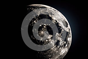 view of the moon and its craters, against the starry night sky