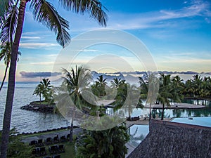 View of Moorea Island from Intercontinental Resort and Spa Hotel in Papeete, Tahiti, French Polynesia