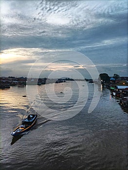 View of morning activity on the Musi River, Palembang, Indonesia