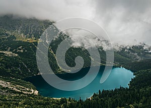 View of Morskie Oko lake in the Tatra mountain range of Zakopane, Poland