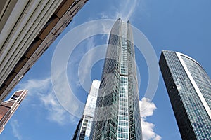 Moscow City Business Center. Blue sky background.