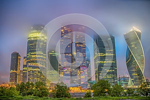 View of Moscow city on a summer evening in the fog