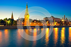 View of the Moscow Kremlin and Moskva river at nig