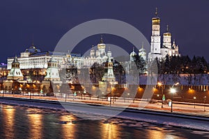 View of the Moscow Kremlin from the Moskva River on a winter evening. Moscow