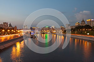 View on the Moscow river, Berezhkovskaya and Rostovskaya embankments in the evening, summer urban cityscape