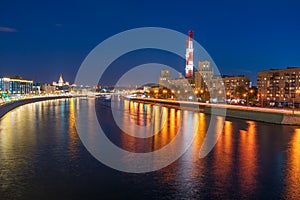 View on the Moscow river, Berezhkovskaya and Savvinskaya embankments in the evening, summer urban cityscape