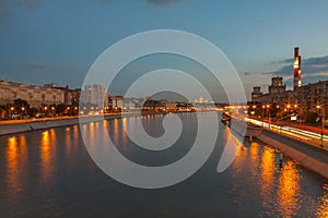 View on the Moscow river, Berezhkovskaya and Savvinskaya embankments in the evening, summer urban cityscape