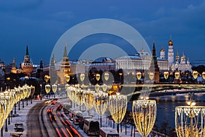 View of Moscow river and Kremlin embankment at the night from Patriarchal Bridge