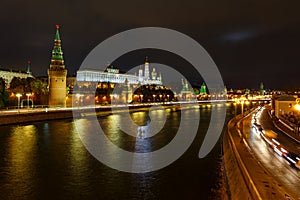 View of Moskva river and Moscow Kremlin with night illumination