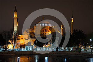 View of the mosque Aja-Sofya at January night. Istanbul