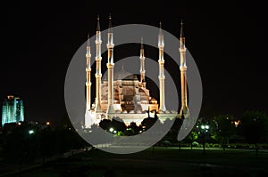 The view mosque and park at night, city background