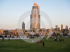 View of the most famous landmarks in Downtown Dubai, The Dubai Mall and The Address Hotel and Souk Al Bahar