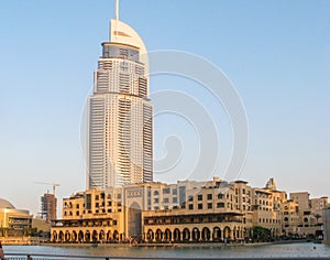 View of the most famous landmarks in Downtown Dubai, The Dubai Mall and The Address Hotel and Souk Al Bahar