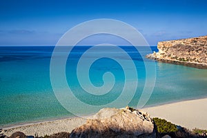 View of the most famous sea place of Lampedusa called Spiaggia dei conigli