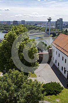 View of the Most SNP bridge in Bratislava from the castle hill