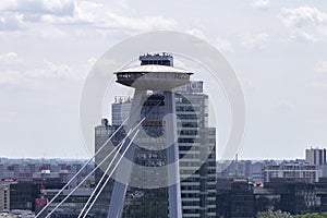 View of the Most SNP bridge in Bratislava from the castle hill