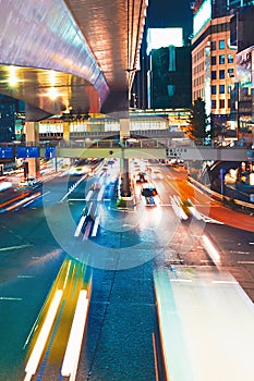 View of motion blurred traffic in Shibuya, Tokyo, Japan