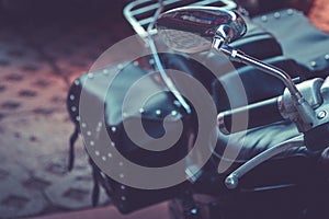 View of motorbike detail. Close-up of motorcycle parts.