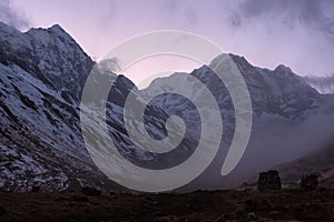 View of Mount Annapurna South 7219 m from Annapurna Base Camp on sunrise, Annapurna Conservation Area, Himalaya, Nepal