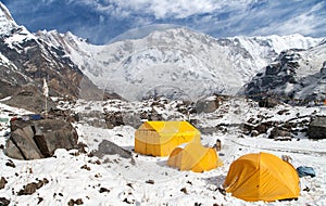 View of Mount Annapurna with tents from base camp, Nepal