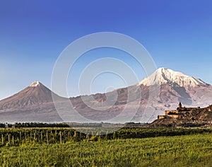 View of mount Ararat from Armenia and the monastery of Khor Virap