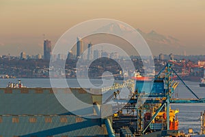 View of Mount Baker and Vancouver BC Canada at Sunset