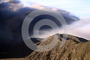 The view of Mount Bromo being erupted in the morning