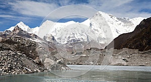 View of mount Cho Oyu and lake on Ngozumba glacier near