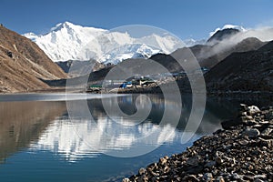 View of mount Cho Oyu mirroring in Gokyo lake