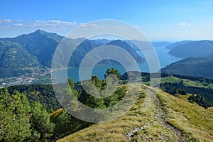 View from Mount Colombina to Lake Iseo, Mount Guglielmo and Corna Trentapassi. Bossico, Bergamo, Lombardy, Italy