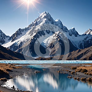 View of Mount Cook (Aoraki), Mount Wakefield, Mueller Glacial Lake and Mueller Lateral Moraine from Kea Point, New