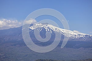 View of Mount Etna volcano from path of Saracens in mountains between Taormina and Castelmola, Sicily Italy