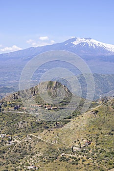 View of Mount Etna volcano from path of Saracens in mountains between Taormina and Castelmola, Sicily Italy