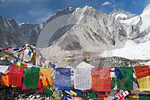 View from Mount Everest base camp with prayer flags