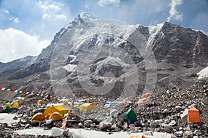 View from Mount Everest base camp, tents, prayer flags