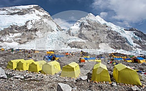 Mount Everest base camp yellow tents and prayer flags