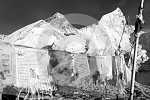 View of Mount Everest with buddhist prayer flags