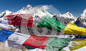 View of Mount Everest with buddhist prayer flags