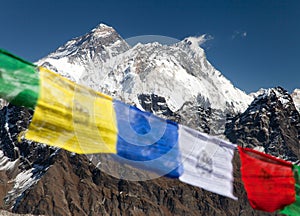 View of Mount Everest with buddhist prayer flags