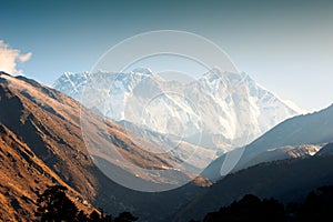 View of Mount Everest, Lhotse and Nuptse in Himalayas, Nepal