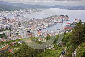 The view from Mount Floyen overlooing the city of Bergen, Norway, taken in the summer