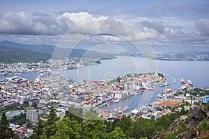 The view from Mount Floyen overlooing the city of Bergen, Norway, taken in the summer