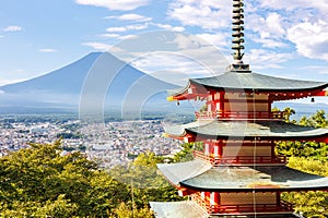 View of mount Fuji with Chureito Pagoda at Arakurayama Sengen Park in Japan photo