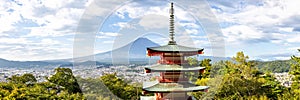 View of mount Fuji with Chureito Pagoda at Arakurayama Sengen Park panorama in Japan photo
