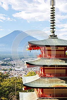 View of mount Fuji with Chureito Pagoda at Arakurayama Sengen Park portrait format in Japan photo