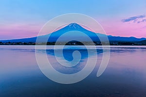 View of Mount Fuji and reflection by Lake kawaguchiko at sunset