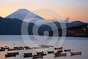 The view of Mount Fuji summit at the sunset over the Lake Ashi. Kanagawa Prefecture. Honshu. Japan