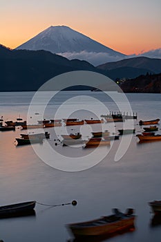 The view of Mount Fuji summit at the sunset over the Lake Ashi. Kanagawa Prefecture. Honshu. Japan