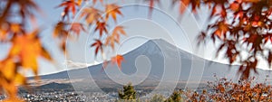 View of Mount Fuji from the viewpoint of Chureito Pagoda.Chureito Pagoda was built on the mountainside of Fujiyoshida City as a