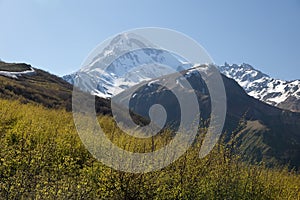 View of Mount Kazbek, near Stepantsminda. Georgia.